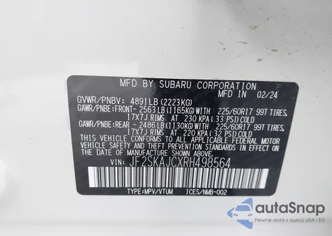 2024 Subaru Forester Wilderness из США, поврежденный, VIN JF2SKAJCXRH498564